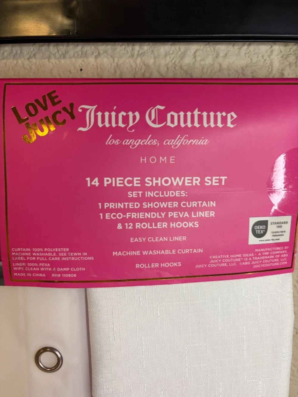 Juicy Couture Hot Pink Ombre Shower Curtain Set Liner Hooks 14 Pc NWT